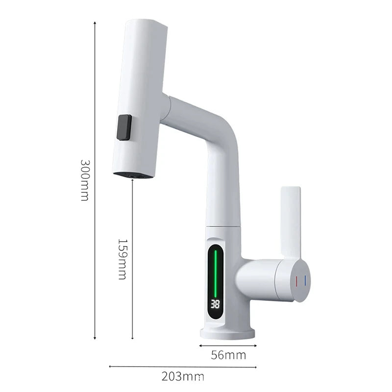 White Intelligent Digital Display Waterfall Pull Out Kitchen Faucet Cold Hot Mixer Taps Rotatable Sink Lifting Basin Faucet