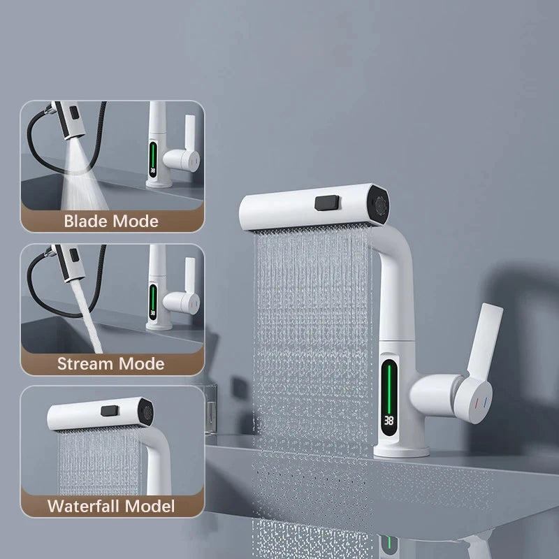 White Intelligent Digital Display Waterfall Pull Out Kitchen Faucet Cold Hot Mixer Taps Rotatable Sink Lifting Basin Faucet