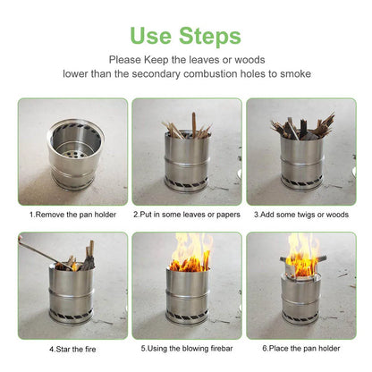Portable Outdoor Camping Stove Wood Burning Mini Lightweight Stainless Steel  Stove Picnic BBQ Cooker Travel Adventure Tools