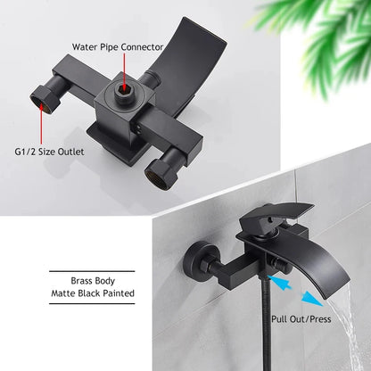 Black Bathroom Tub Faucet Single Handle Waterfall Spout Mixer Tap with Hand Shower Wall Mounted Gold Bath Faucets Bathtub Tap