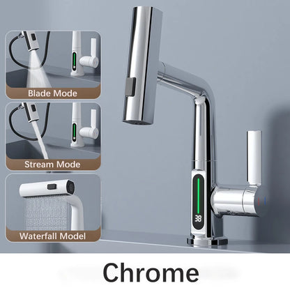 White Intelligent Digital Display Waterfall Pull Out Kitchen Faucet Cold Hot Mixer Taps Rotatable Sink Lifting Basin Faucet
