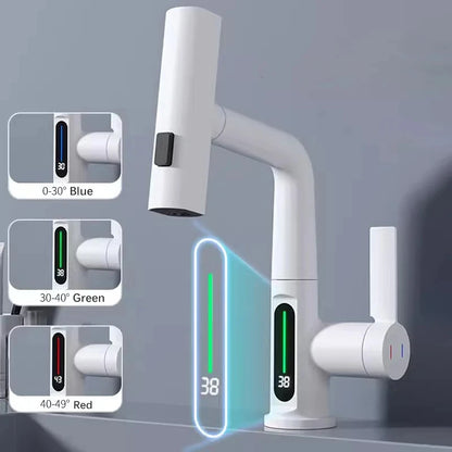 White Intelligent Digital Display Waterfall Pull Out Kitchen Faucet Cold Hot Mixer Taps Rotatable Sink Lifting Basin Faucet