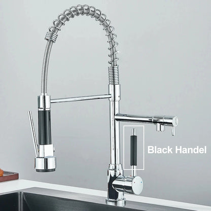 Chrome Brass Kitchen Sink Faucet Pull Down Hot and Cold Water Mixer2 Mode Tap with Dual Spout 360 Rotation Flexible Deck Mounted