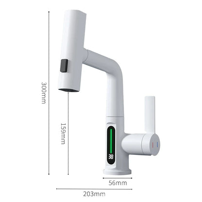 White Intelligent Digital Display Waterfall Pull Out Kitchen Faucet Cold Hot Mixer Taps Rotatable Sink Lifting Basin Faucet