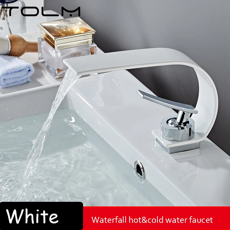 TOLM Basin Faucet Modern Bathroom Faucet Mixer Tap Black/White Wash basin Faucet Single Handle Hot and Cold Waterfall Faucet