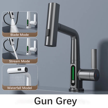White Intelligent Digital Display Waterfall Pull Out Kitchen Faucet Cold Hot Mixer Taps Rotatable Sink Lifting Basin Faucet