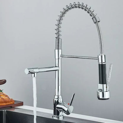 Chrome Brass Kitchen Sink Faucet Pull Down Hot and Cold Water Mixer2 Mode Tap with Dual Spout 360 Rotation Flexible Deck Mounted