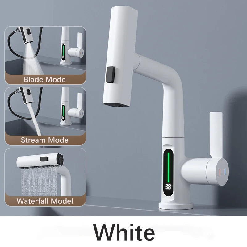 White Intelligent Digital Display Waterfall Pull Out Kitchen Faucet Cold Hot Mixer Taps Rotatable Sink Lifting Basin Faucet
