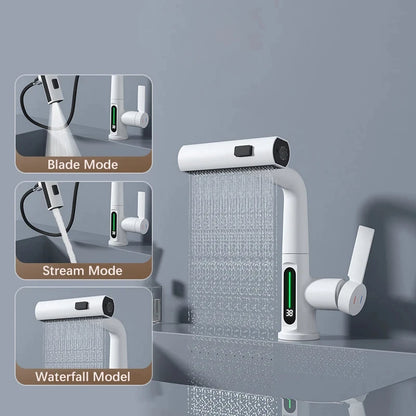 White Intelligent Digital Display Waterfall Pull Out Kitchen Faucet Cold Hot Mixer Taps Rotatable Sink Lifting Basin Faucet