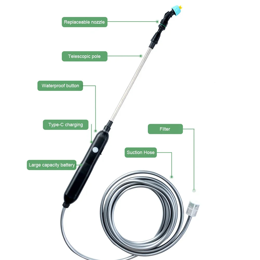 Electric Sprayer with 2/4 Nozzles Garden Watering Spray Gun with 2/3/5/6/8m Pipes Type-C/USB Telescopic Handle Irrigation Tools
