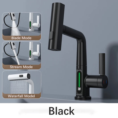 White Intelligent Digital Display Waterfall Pull Out Kitchen Faucet Cold Hot Mixer Taps Rotatable Sink Lifting Basin Faucet