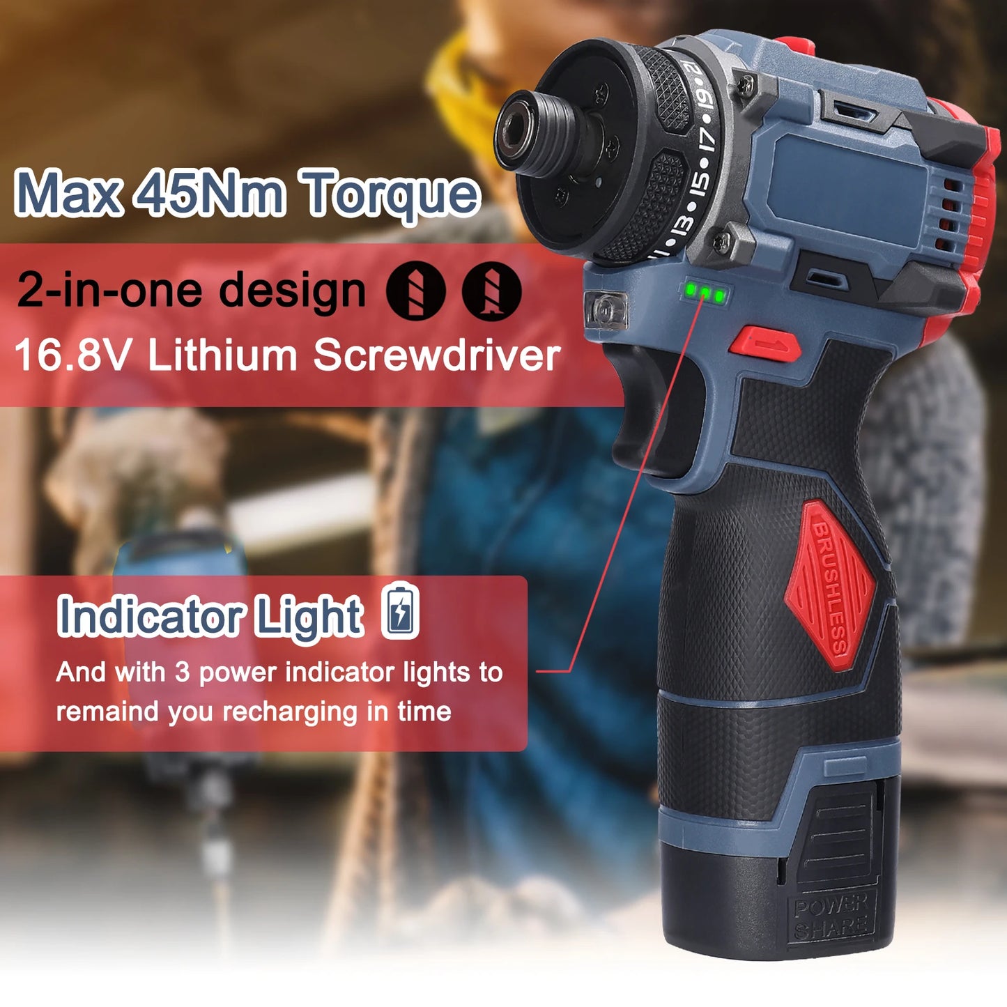16.8V Brushless 2in1 Cordless Driver Drill Electric Screwdriver Battery Screwdrivers Rotation Ways Drills Screwdriver Tools