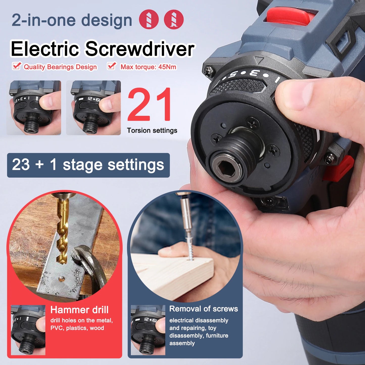 16.8V Brushless 2in1 Cordless Driver Drill Electric Screwdriver Battery Screwdrivers Rotation Ways Drills Screwdriver Tools