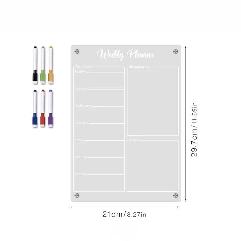 Fridge Magnetic Calendar Reusable Clear Acrylic Message Board Dry Erase Sticker Board with Six Pens Weekly Planner Menu Gadgets