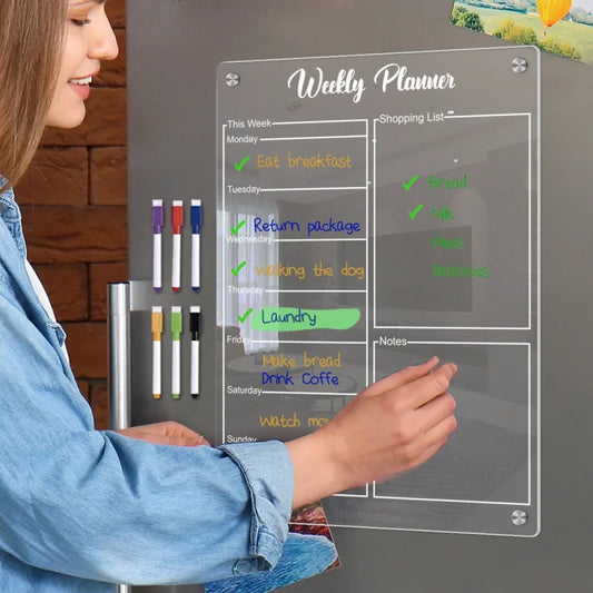 Fridge Magnetic Calendar Reusable Clear Acrylic Message Board Dry Erase Sticker Board with Six Pens Weekly Planner Menu Gadgets