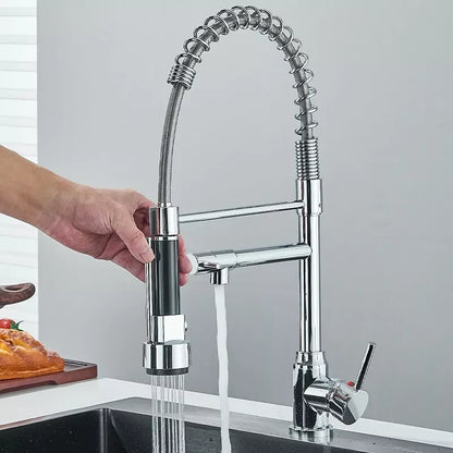 Chrome Brass Kitchen Sink Faucet Pull Down Hot and Cold Water Mixer2 Mode Tap with Dual Spout 360 Rotation Flexible Deck Mounted