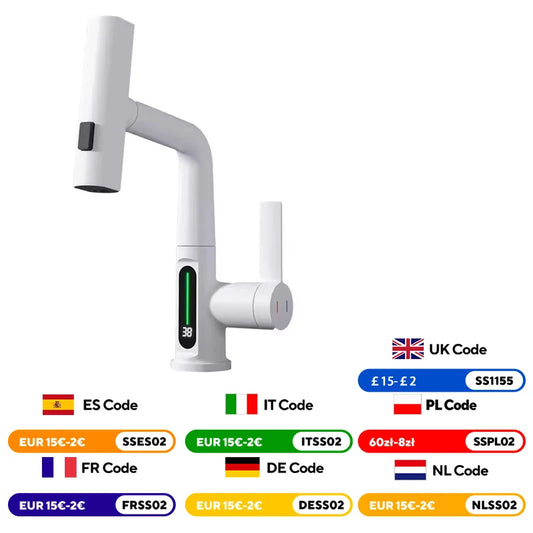 White Intelligent Digital Display Waterfall Pull Out Kitchen Faucet Cold Hot Mixer Taps Rotatable Sink Lifting Basin Faucet