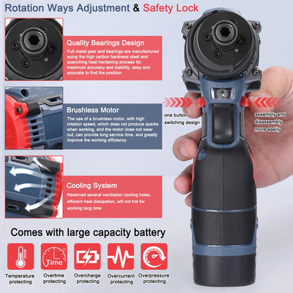 16.8V Brushless 2in1 Cordless Driver Drill Electric Screwdriver Battery Screwdrivers Rotation Ways Drills Screwdriver Tools