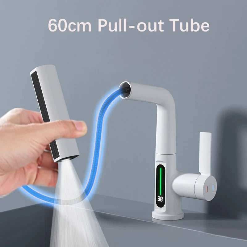 White Intelligent Digital Display Waterfall Pull Out Kitchen Faucet Cold Hot Mixer Taps Rotatable Sink Lifting Basin Faucet