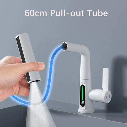 White Intelligent Digital Display Waterfall Pull Out Kitchen Faucet Cold Hot Mixer Taps Rotatable Sink Lifting Basin Faucet
